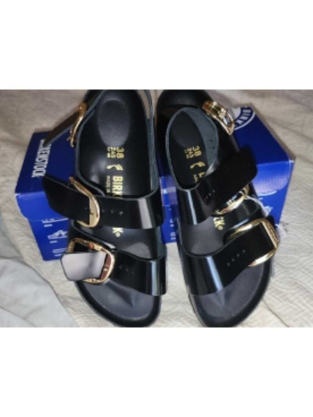 New In Box Birkenstock Milano Big Buckle High Shine Black Leather Sandals 38 7N